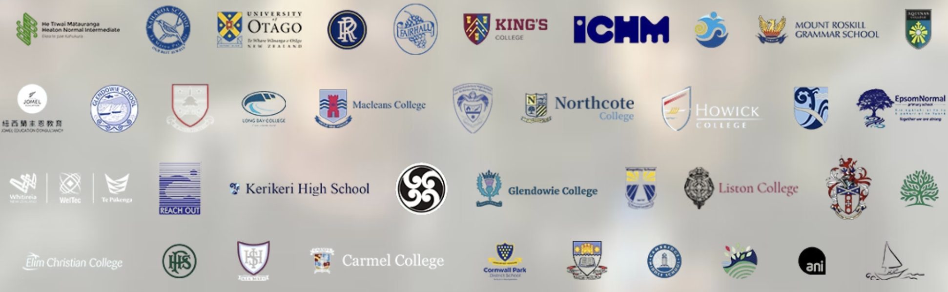 主恩合作之新西兰学校校徽（第 1 组）：含 Heaton Normal、University of Otago、King's College、ICHM、Mount Roskill Grammar 等中小学、大学与专业学院