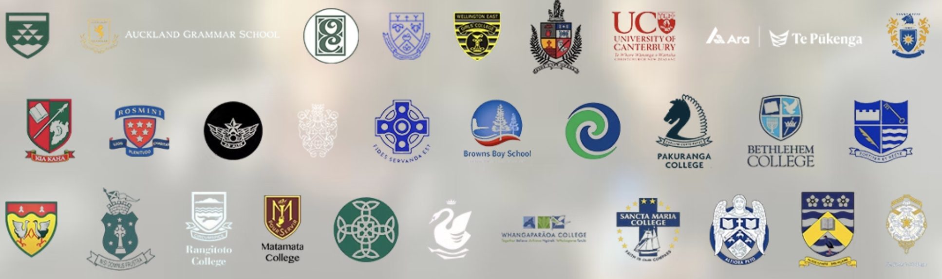 主恩合作之新西兰学校校徽（第 2 组）：含 Te Pūkenga 体系（Southern、WITT、Wintec、Unitec）、AUT、University of Auckland、Massey University 等大学与技职院校