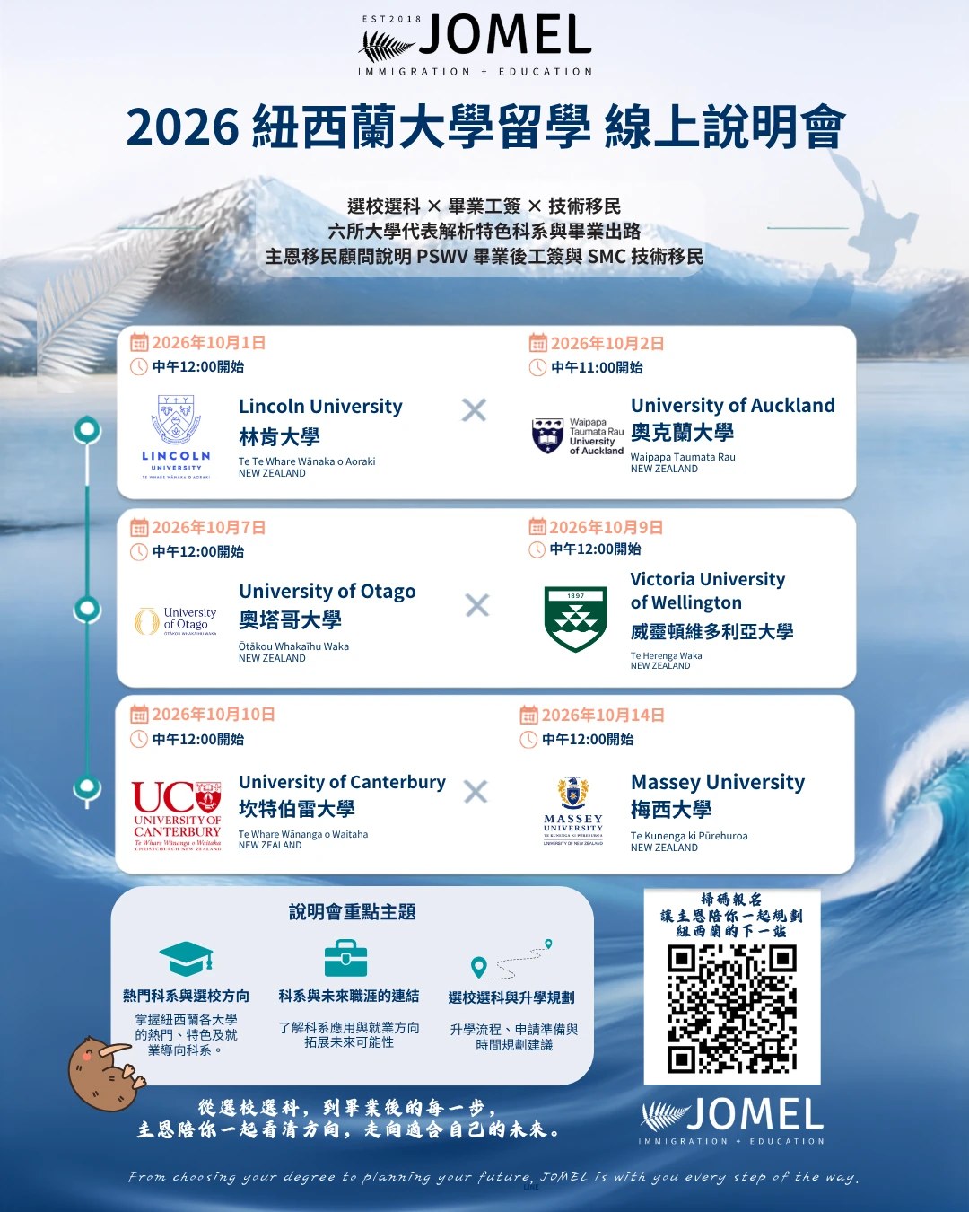 Poster for the 2026 New Zealand university online seminars: six sessions in October with Lincoln, Auckland, Otago, Victoria University of Wellington, Canterbury and Massey